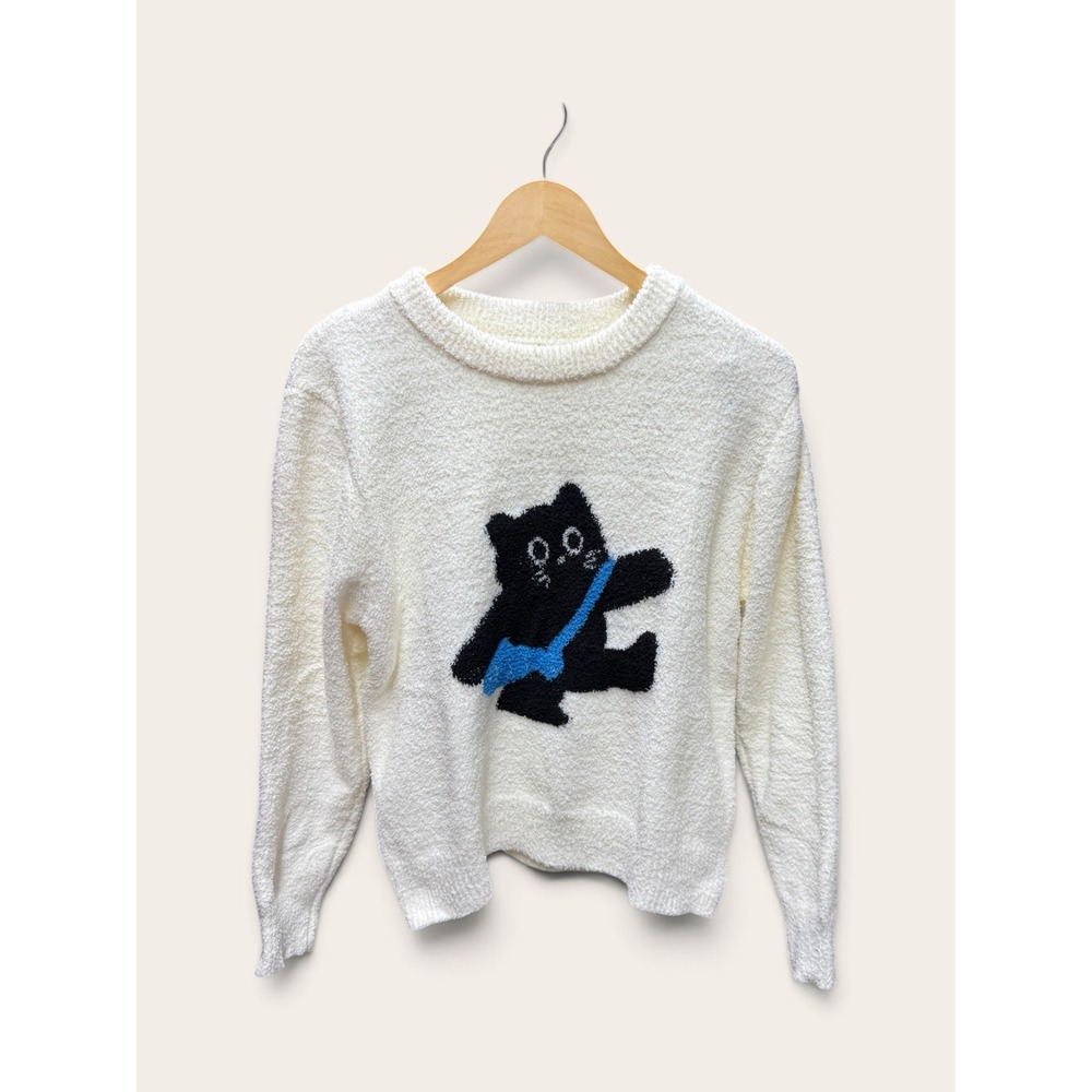 Luoning White Super Soft Fuzzy Popcorn Knit Black Cat Graphic Sweater Large